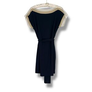 Ann Taylor Blue Dress Tie Waist Shift Chiffon Boatneck Short Sleeve Modest Sz 6